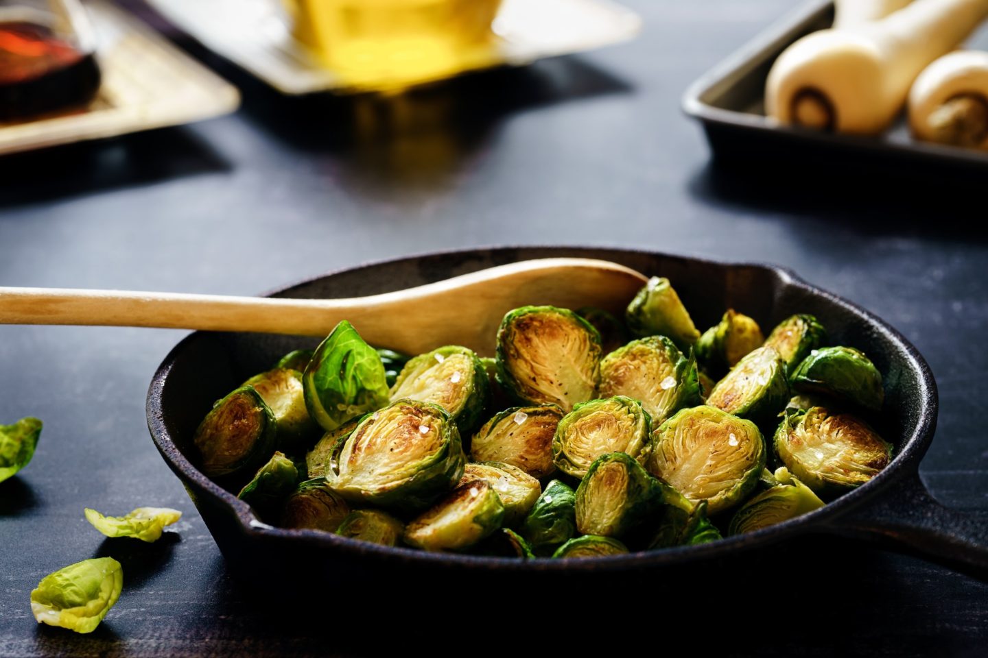 crispy brussels sprouts in pan